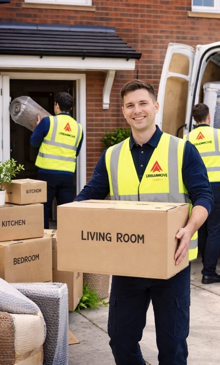 Urban Move Logistics team carrying labelled moving boxes during a house removal in Aberdeen