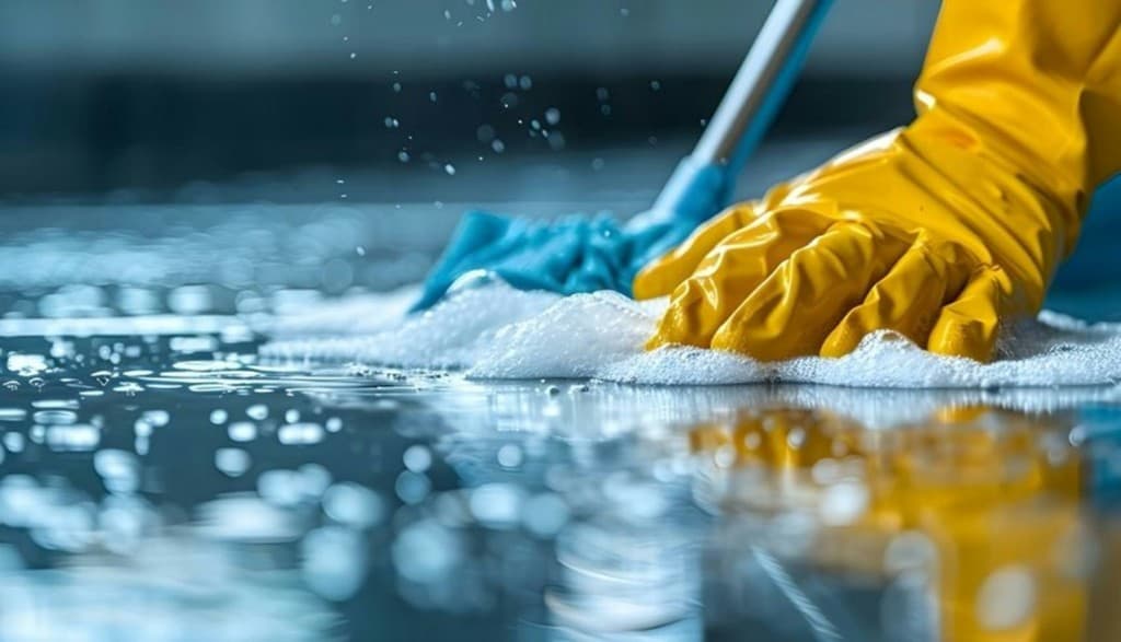 UrbanMove Removals Man and Van Cleaning Services Ltd residential cleaner wiping a soapy surface during a home clean in Aberdeen